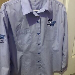 Disney Womens Button Up Shirt L Embroidered Mickey Mouse Pocket Cotton Lavender